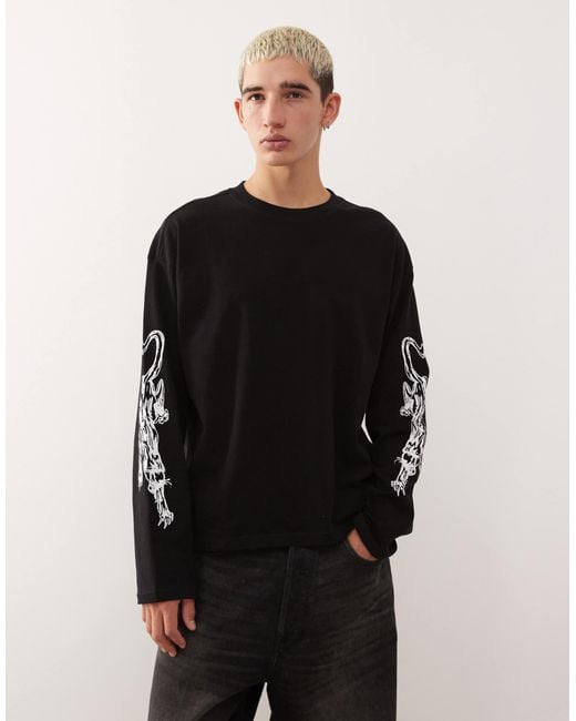 Weekday Black Oversized Boxy Fit Long Sleeve T-shirt With Panther Sleeve Graphic for men