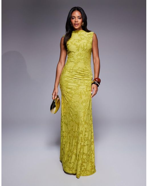 ASOS Metallic Sleeveless High Neck Devore Maxi Dress With Ruched Skirt Detail