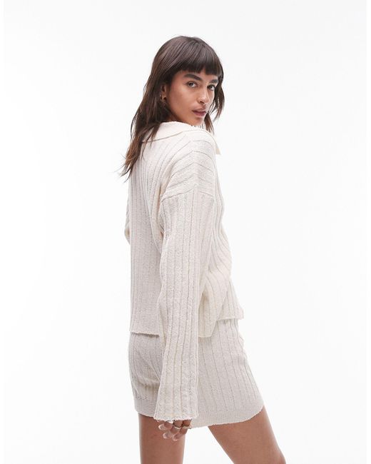 TOPSHOP White Knitted Co-ord Button Through Ribbed Shirt