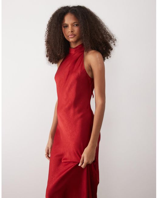 mango red halter dress Halterneck Satin Maxi With Tie Back in 489