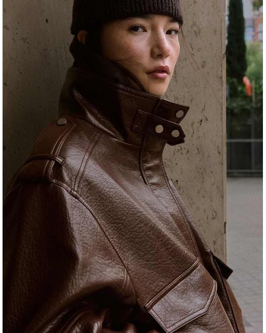 Bershka Brown Leather Effect Funnel Neck Jacket