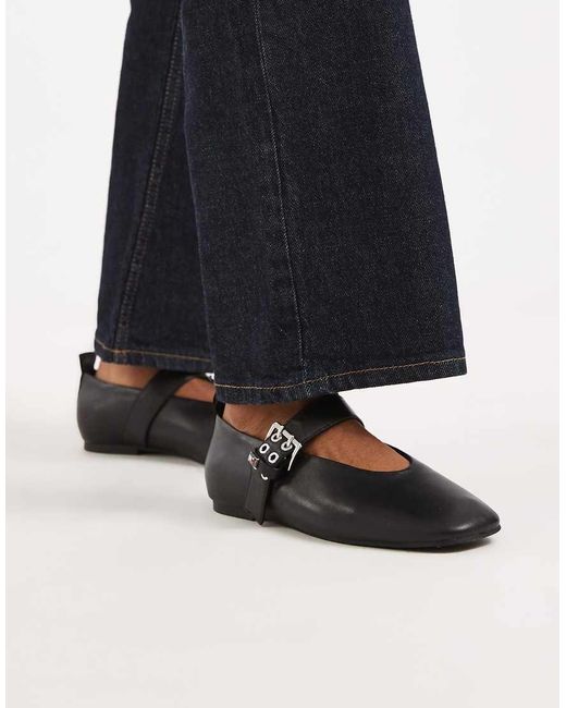Tommy Hilfiger Black Real Leather Ballerina Flats With Buckles