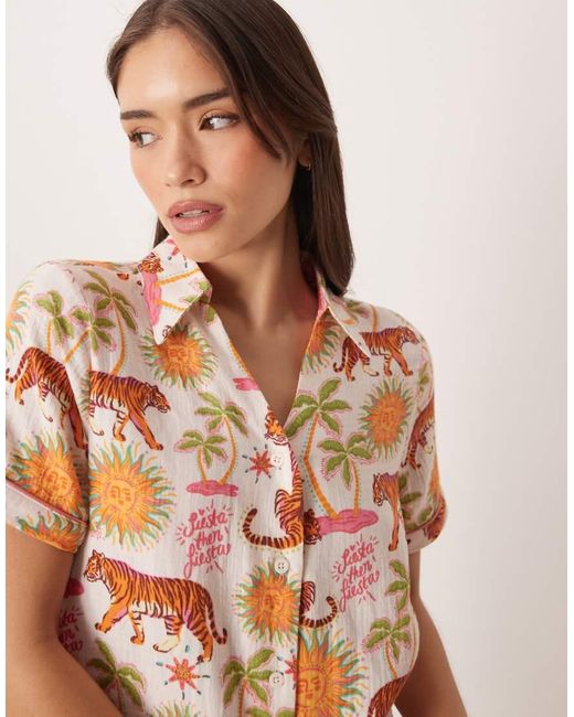 Chelsea Peers Brown Fiesta Siesta All Over Print V-neck Button Up Short Nightwear Set