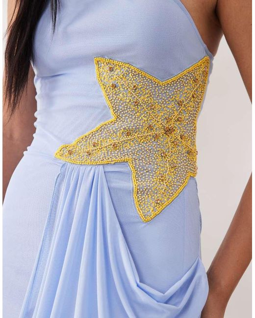 ASOS Blue Starfish Embellished Draped Mesh Maxi Dress