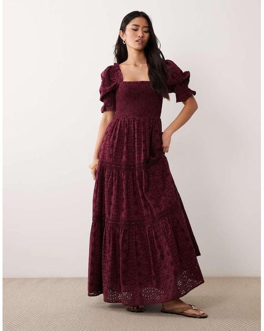 Miss Selfridge Red Puff Sleeve Broderie Maxi Dress