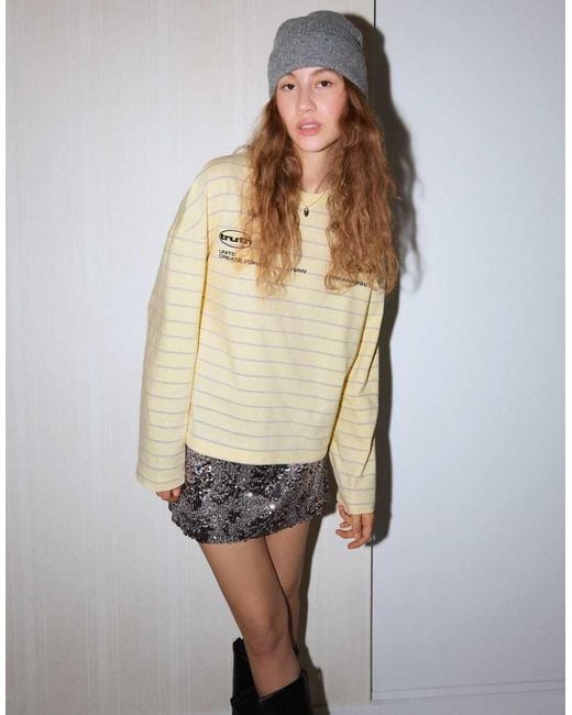 Bershka Natural Oversize Long Sleeve Print T-Shirt