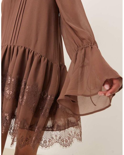 ASOS Natural Long Sleeve Sweetheart Neckline Frilly Mini Dress