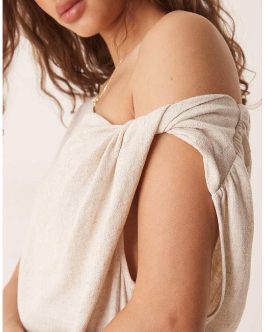 ASOS Natural Linen Fallen Twist Shoulder Wrap Skirt Detail Midi Dress