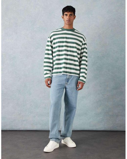 T-Shirt A Maniche Lunghe Squadrata Oversize Pesante Verde A Righe di ASOS in Green da Uomo
