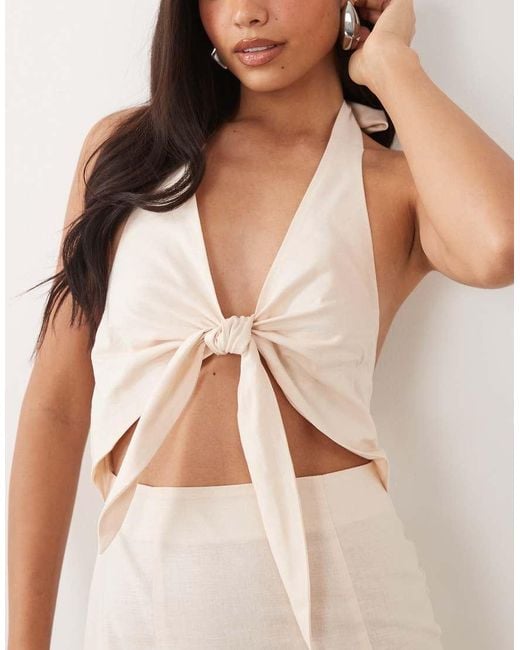 Kaiia Natural Exclusive Linen Blend Tie Front Cut-out Detail Mini Dress