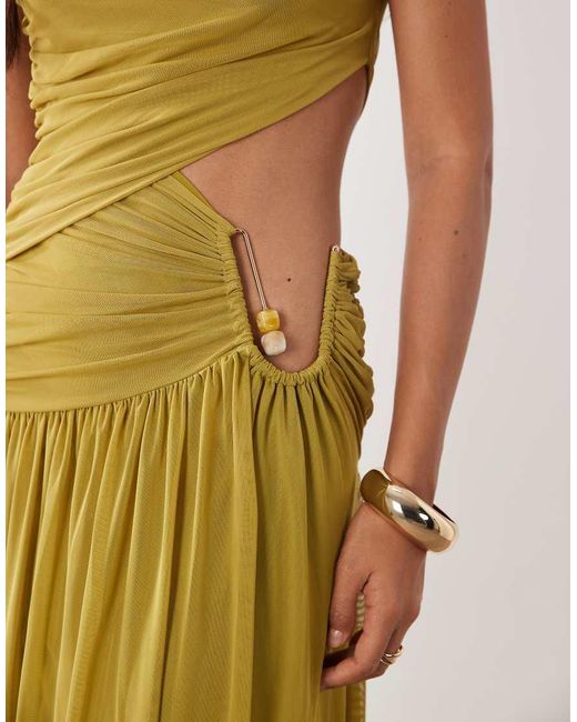 ASOS Metallic Ruched Mesh High Neck Maxi Dress With Wire Hardware Trim