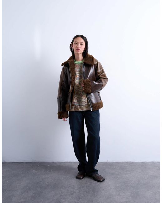 TOPSHOP Brown – patchwork-jacke aus kunstleder