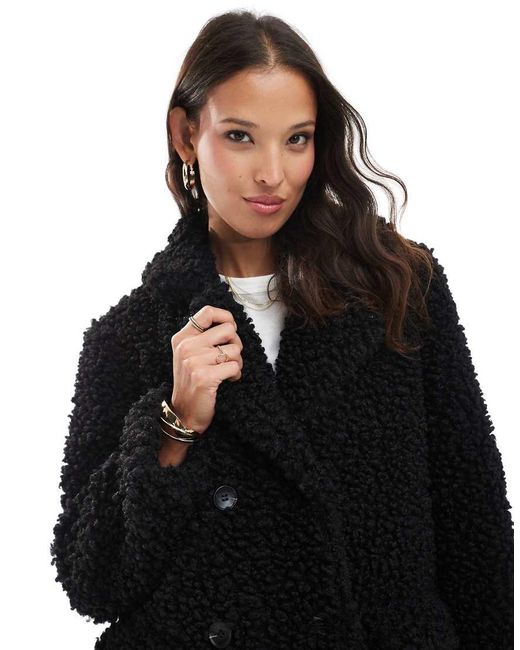 Brave Soul Black shaggy Faux Fur Double-breasted Short Coat