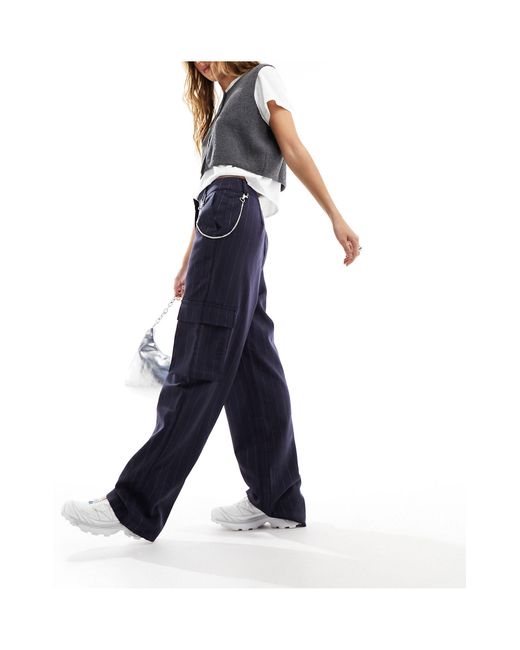 ONLY Straight Leg Tailored Cargo Pants With Chain Detail in Blue