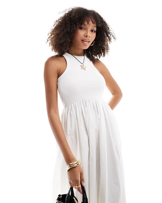 Y.A.S White Racer Neck Jersey And Cotton Hybrid Maxi Dress