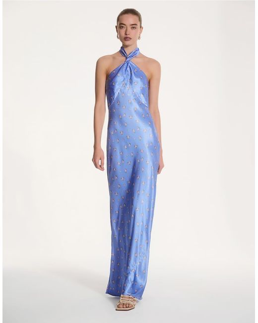 OMNES Blue Arles Twist Front Halterneck Floral Maxi Dress