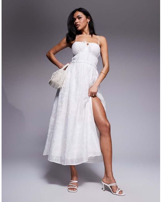 Love Triangle White Embroidered Midaxi Dress With Shirred Waist And Lace Up Back