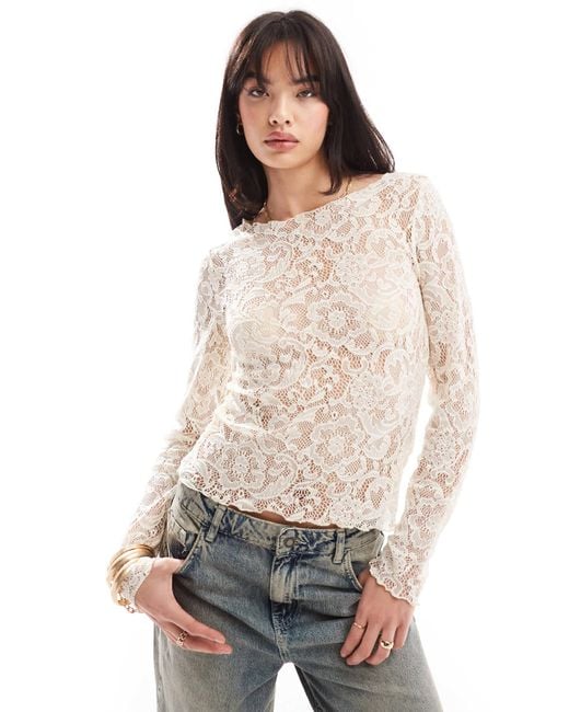 Pieces Kanten Top Met Lange Mouwen in het White