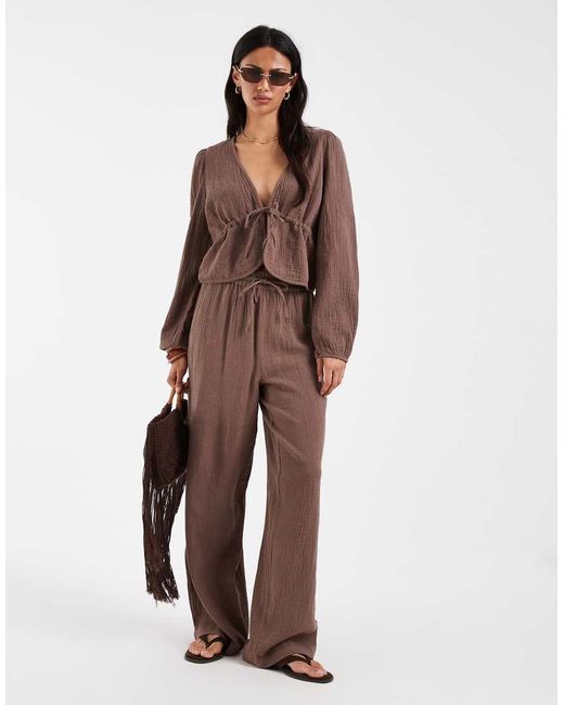 Pieces Brown Crinkle Cotton Tie Front Long Sleeve Top
