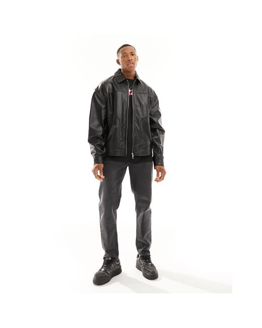 ASOS Black Real Leather Oversized Harrington Jacket for men