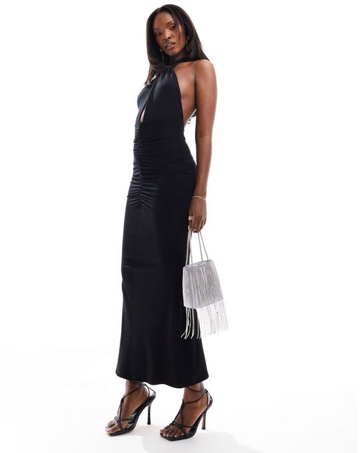 ASOS Black Cross Front Halter Maxi Dress With Ruching
