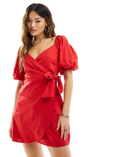 Abercrombie & Fitch Red Linen Blend Wrap Dress