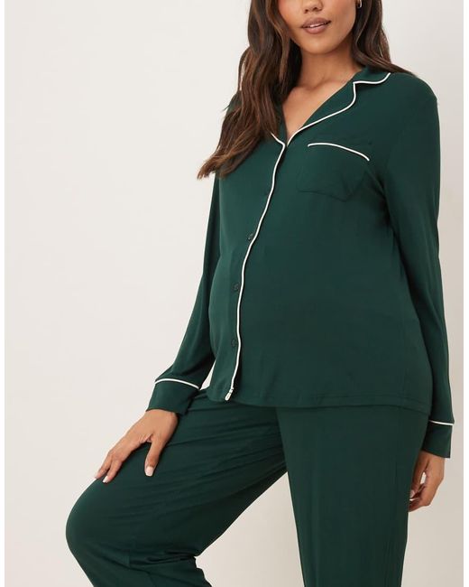 ASOS Green Asos Design Maternity Super Soft Long Sleeve Shirt & Trouser Pyjama Set