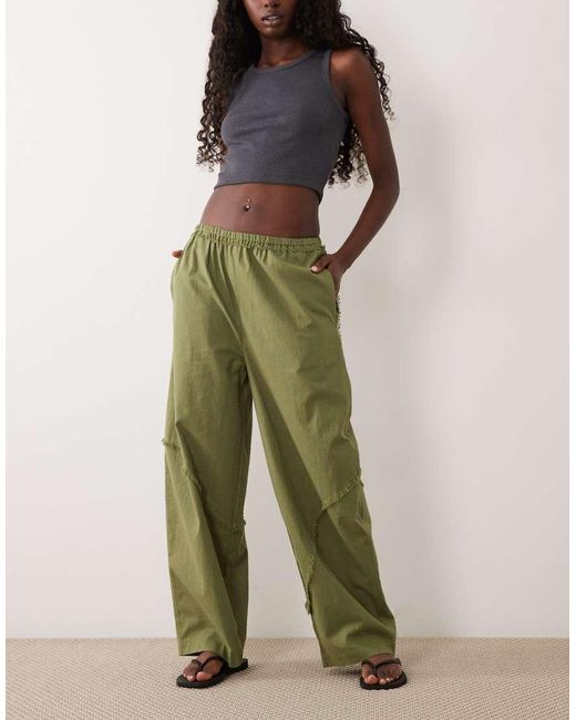 ASOS Green Linen Blend Pull On Barrel Leg Trousers With Raw Seam Detail