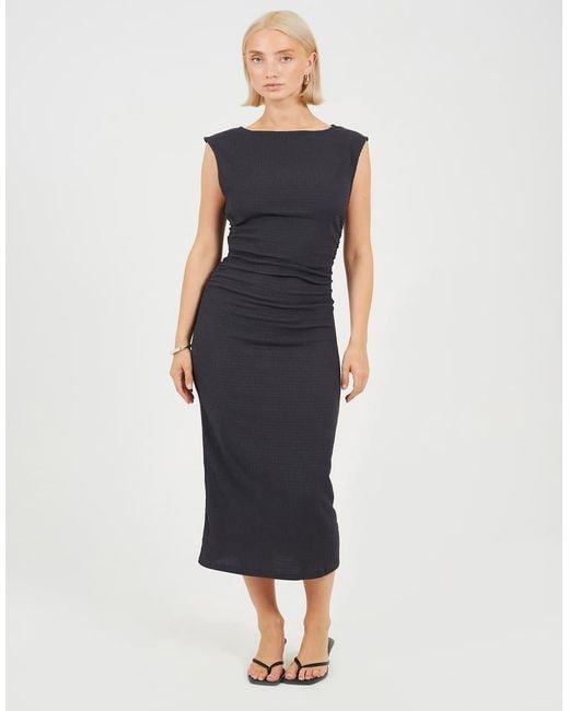 Brave Soul Blue Textured Jersey Midi Dress With Gathered Detail