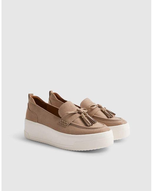 River Island Natural Faux Suede Platform Tassel Trainers