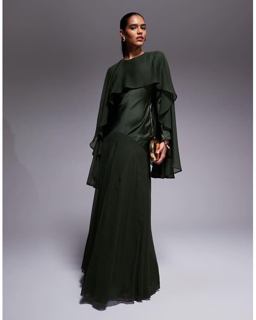 ASOS Black Cape Detail Ruffle Chiffon Satin Mix Maxi Dress