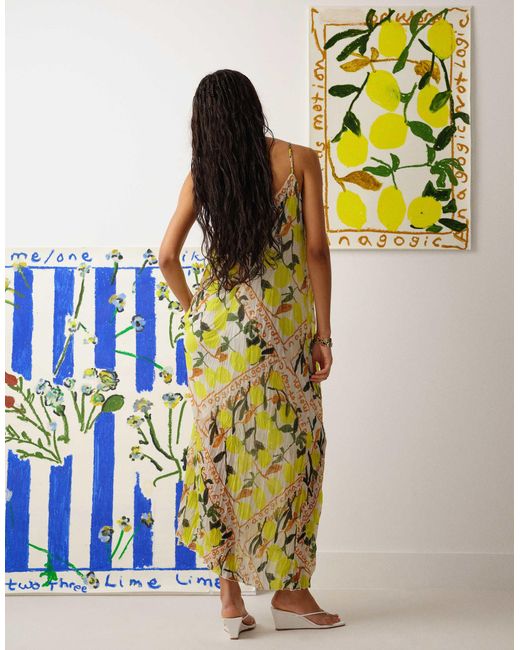 TOPSHOP Metallic Crinkle Mesh Bradley.b Lemon Print Maxi Dress