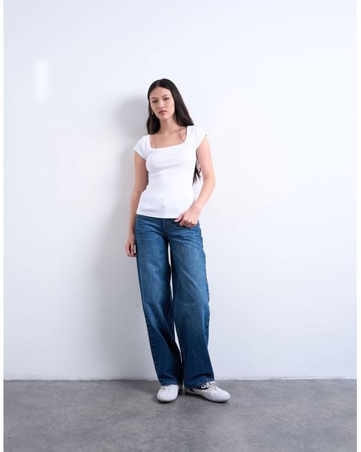 TOPSHOP White Square Neck Rib Cap Sleeve Tee