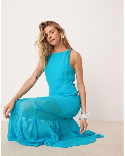 ASOS Maxi-Jurk Met Verlaagde Taille En Volle Godetzoom in het Blue
