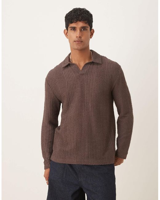 ASOS – langärmliges, strukturiertes relaxed-fit-polohemd in Brown für Herren
