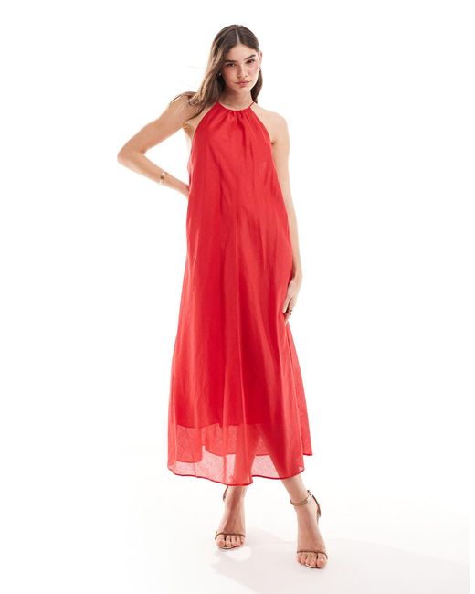 & Other Stories Red Halter Neck Midaxi Dress With Cutaway Back