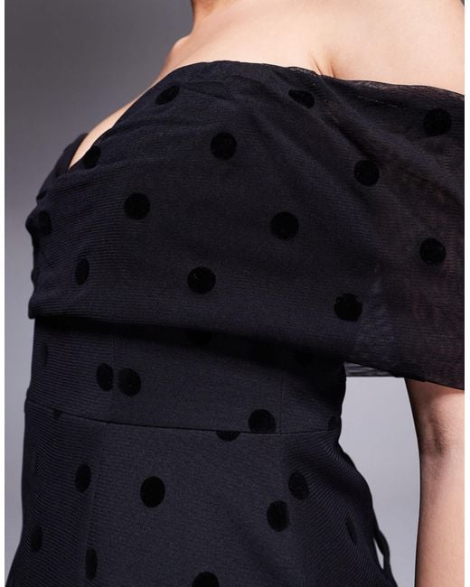 Murci Black Exclusive Polka Dot Mesh Bardot Plunge Neck Mini Dress