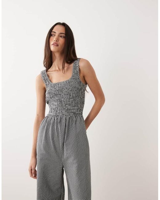 Brave Soul Gray Scoop Neck And Back Gingham Jumpsuit