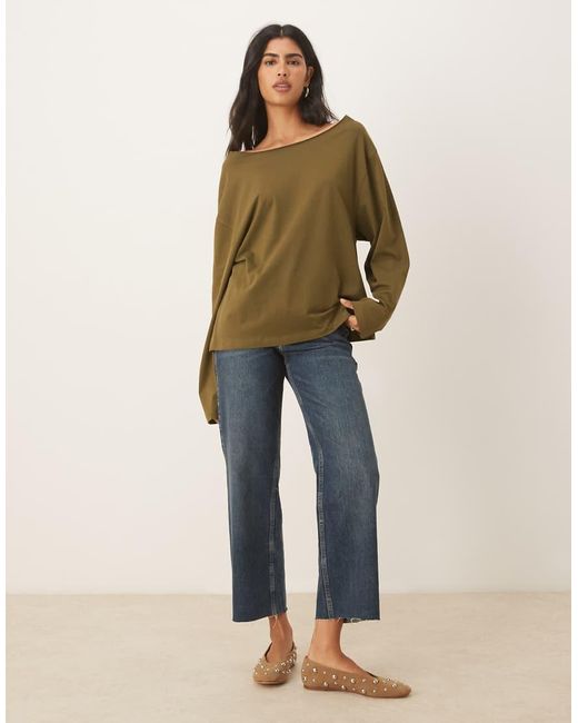 ASOS Natural Off Shoulder Long Sleeve Tee