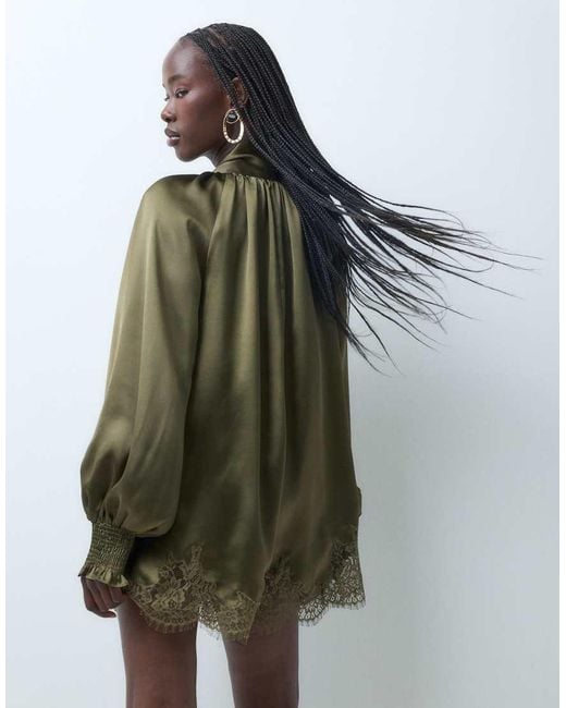 ASOS Brown Tie Neck Satin Playsuit With Lace Hem Detail