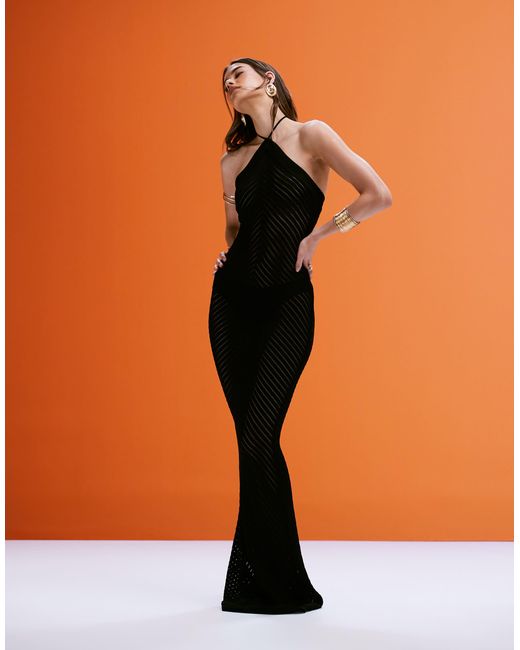 Murci Orange Exclusive Knitted Halterneck Open Back Maxi Dress