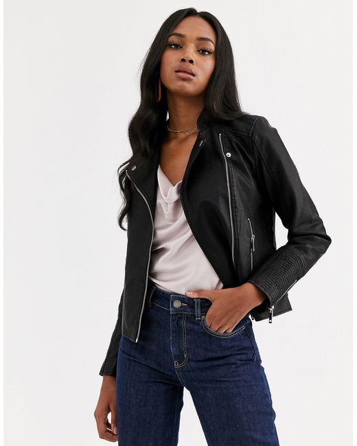 Vero Moda Faux Leather Biker Jacket in Black | Lyst