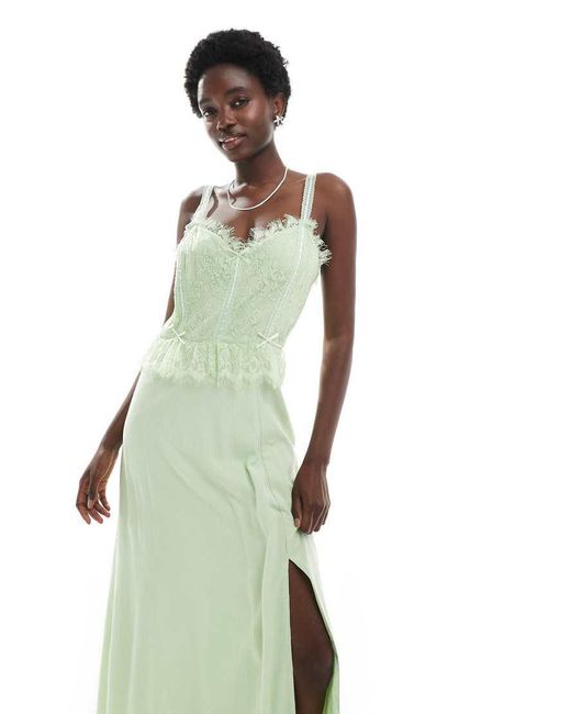 Miss Selfridge Green Cheesecloth Maxi Corset Dress With Ribbon Trims
