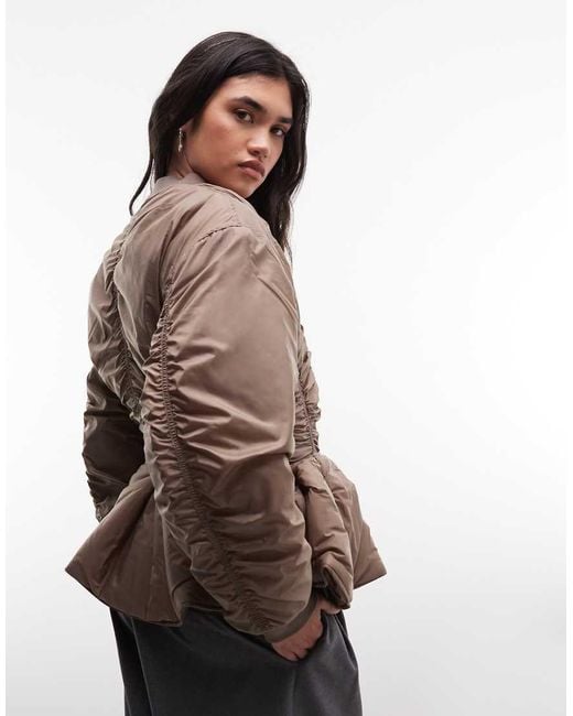 Monki Brown Ruched Bomber Jacket