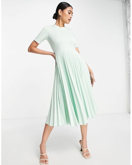 Closet Green Pleated Dress With Short Sleeves And Collar