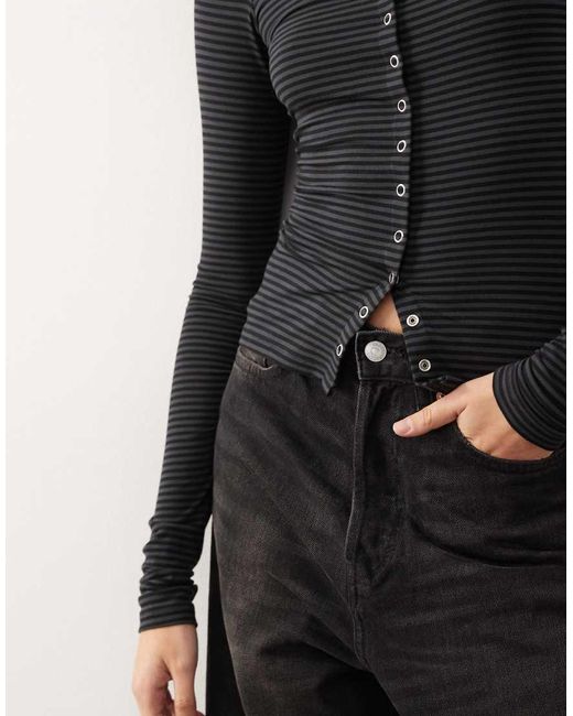 Weekday Black Slim Fit Button Front Long Sleeve Top