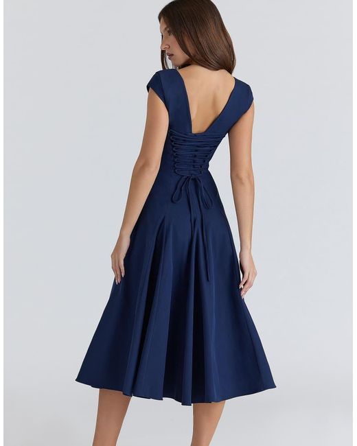 House Of Cb Blue Raisa Lace Back Twill Midi Dress
