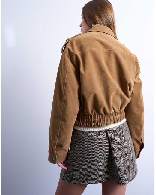 TOPSHOP Brown Cropped Faux Suede Bomber Jacket With Snap Details