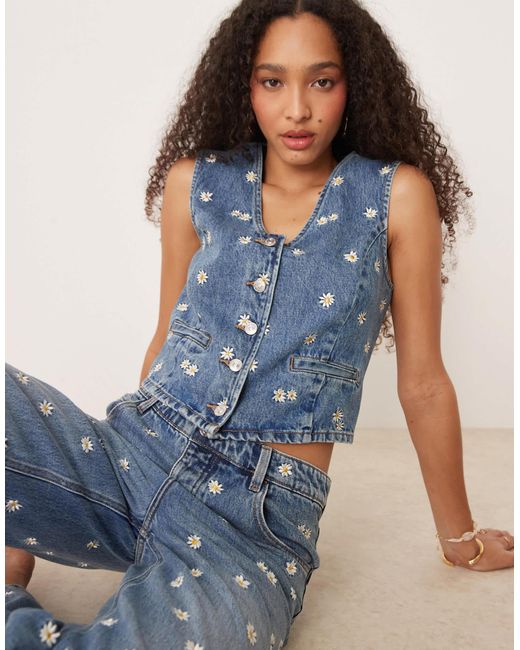 Mango Blue Daisy Embroidered Denim Waistcoat Co-ord