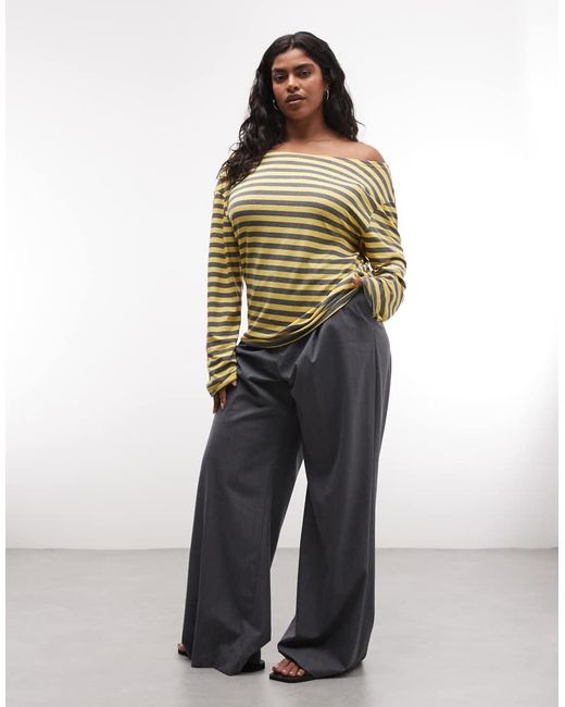 Collusion Yellow Plus Long Sleeve Off The Shoulder Stipe Top